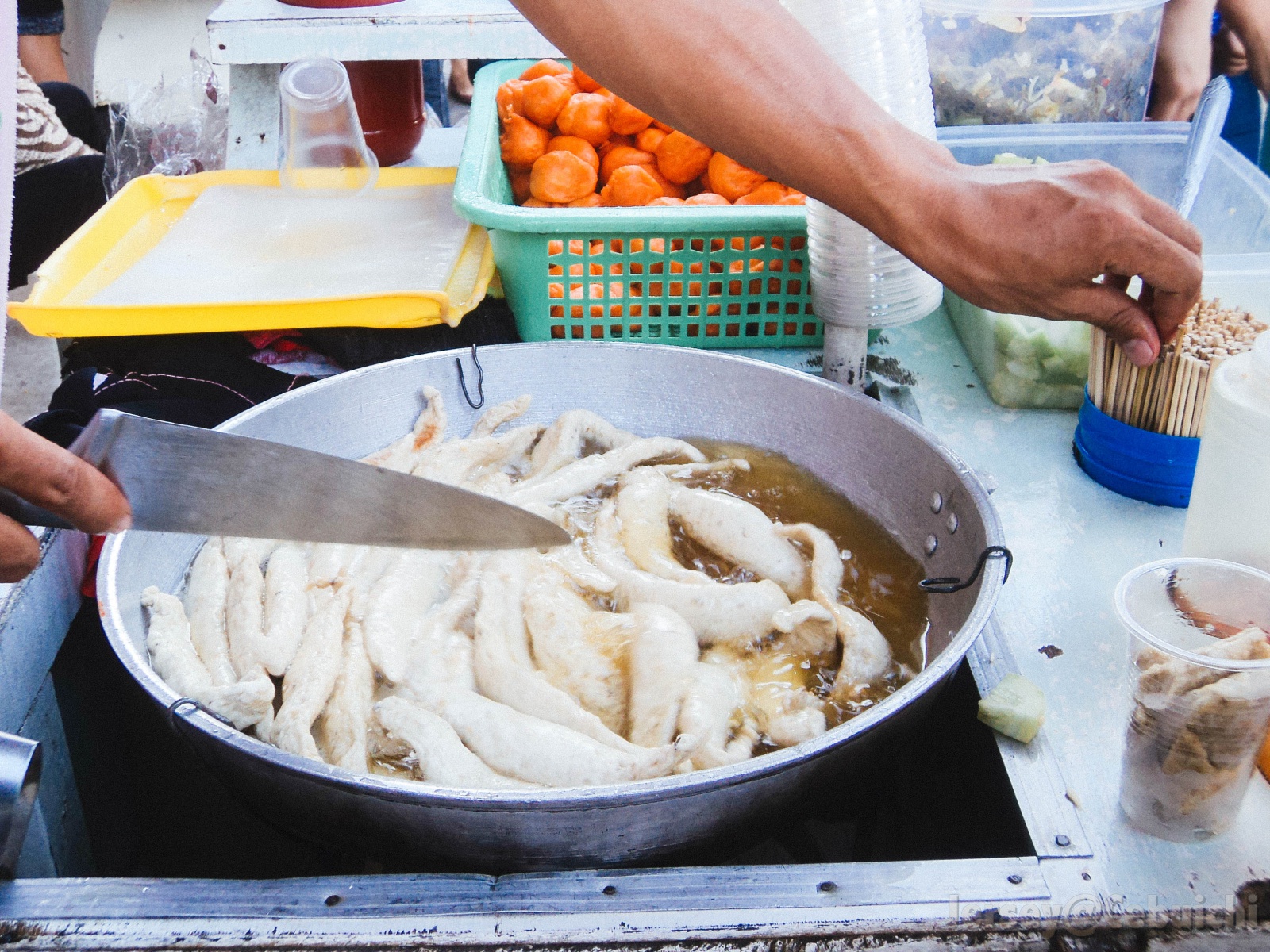 Preparing tempura and kwek-kwek waiting to be reheated