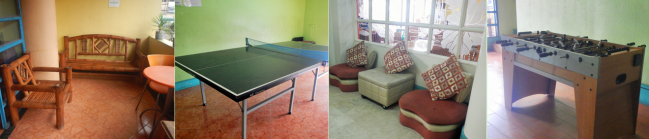 Left to right: 1) Lounging area at the terrace; 2) Table tennis; 3) Lounging area near the cafeteria; 4) Table soccer