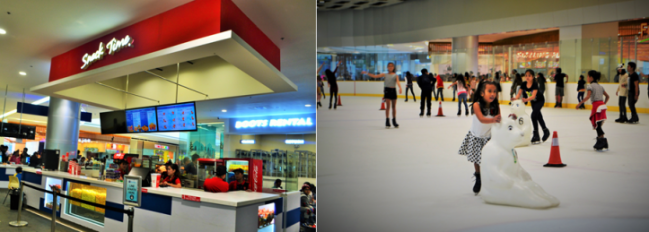 LEFT: There’s a snack bar to head to anytime your stomach complains. But it’s a no-no to eat inside the rink. So eat that food on one of the benches set in this area. RIGHT: For low-risk skating, you can rent a skating aid at 100PHP/hour.