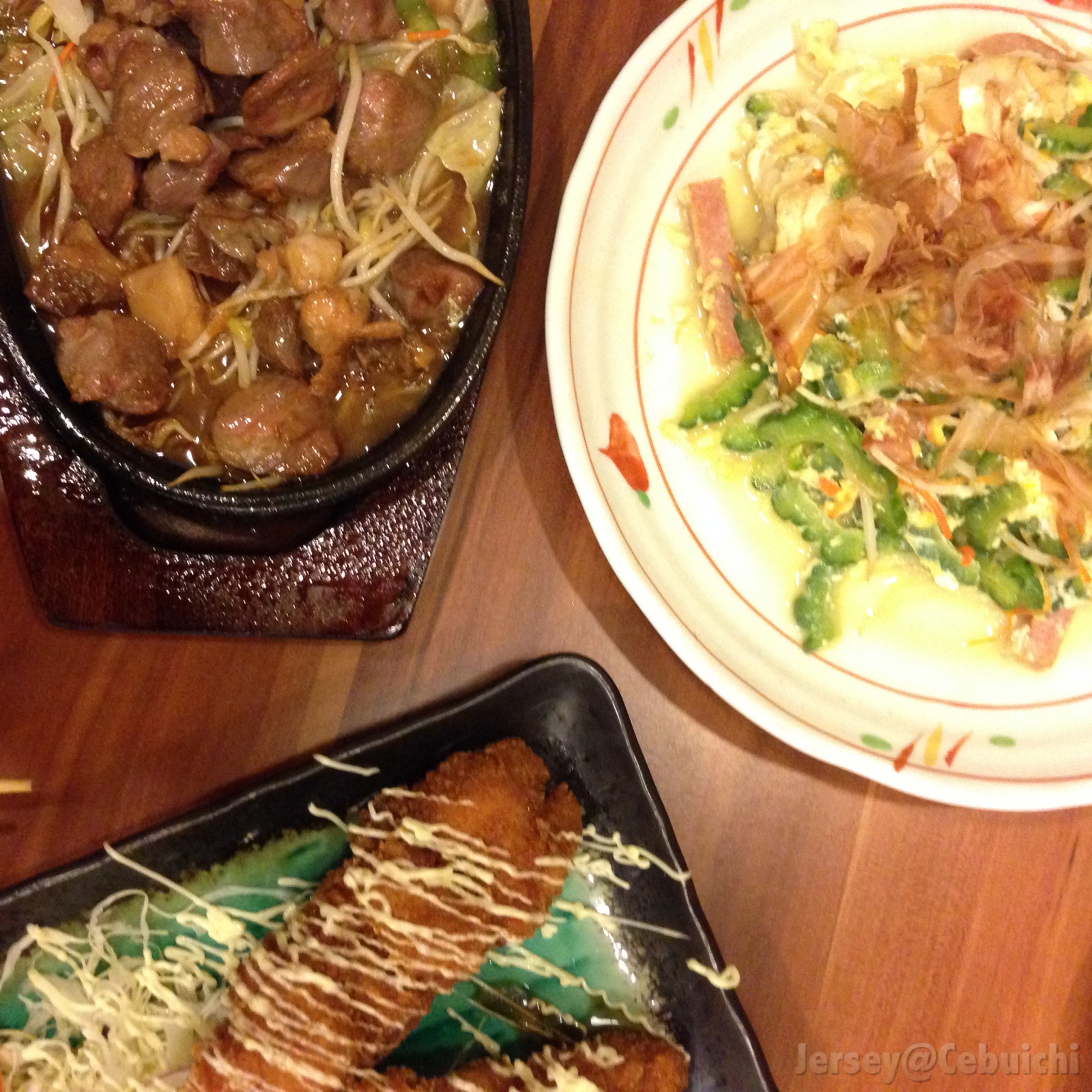 Dishes served. (Left – Mix Horimon Yaki) , (Middle – Kushikatsu) , (Right – Goya Champoroo)
